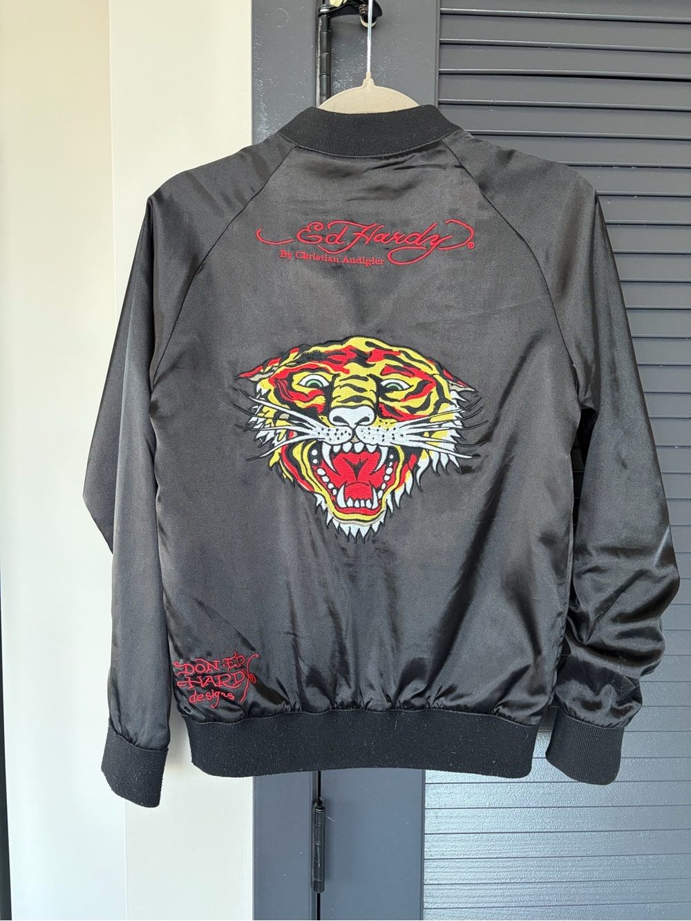 Ed Hardy Black Satin Jacket with Red Script Logo